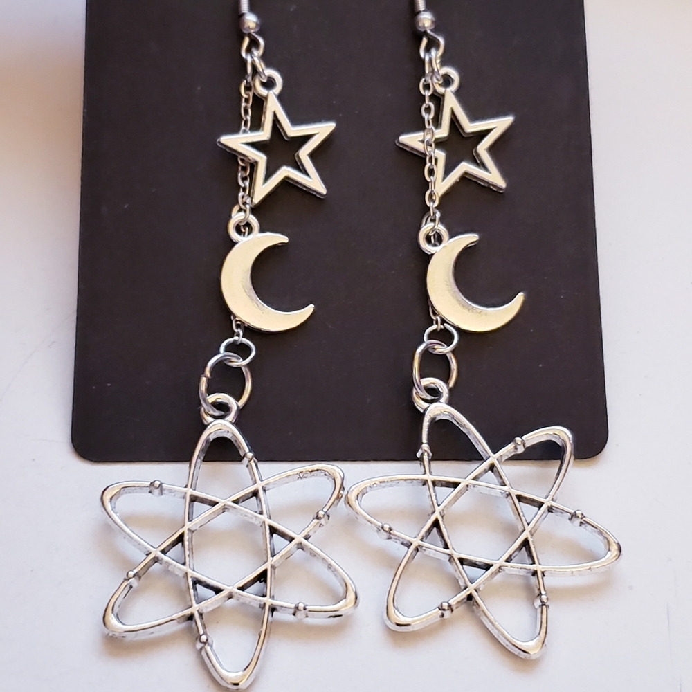 Handmade Silver Metal Atom Planet Star Moon Celestial Dangle Earrings